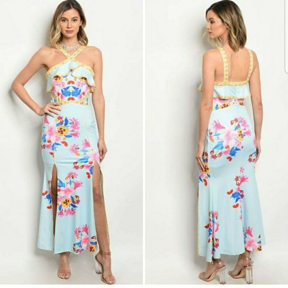 Light Blue Floral Print Double Slit Maxi Dress